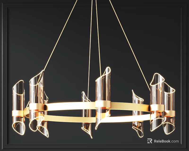 Modern Chandelier Design With Gold Frame And Transparent Glass Tubes 3d model 