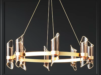 Modern Chandelier Design With Gold Frame And Transparent Glass Tubes 3d model