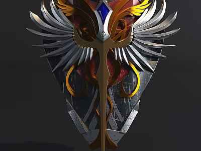 Ornate Winged Weapon Featuring Gold Silver Decorations Blue Gemstone And Metallic Details 3d model