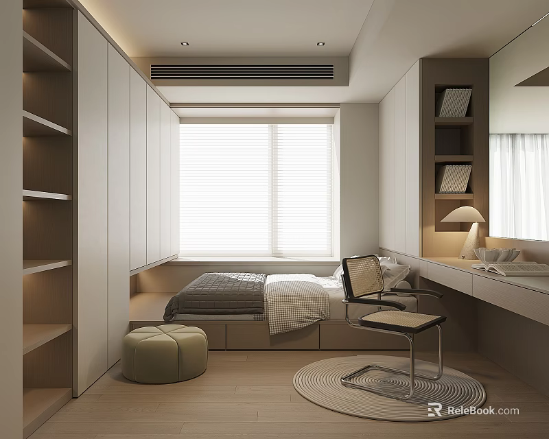 Modern Minimalist Tatami Bedroom with Wardrobe Desk Chair Window Blinds and Wooden Floor 3d model 
