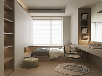 Modern Minimalist Tatami Bedroom with Wardrobe Desk Chair Window Blinds and Wooden Floor 3d model