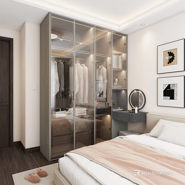 Modern Wardrobe Interior Design In Bedroom With Glass Doors Clothes Hanging And Mirror 3d model 