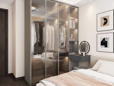 Modern Wardrobe Interior Design In Bedroom With Glass Doors Clothes Hanging And Mirror 3d model