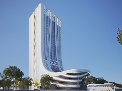 Modern Tall Office Building With Unique Curved Glass Curtain Wall Surrounded By Trees And Bus 3d model