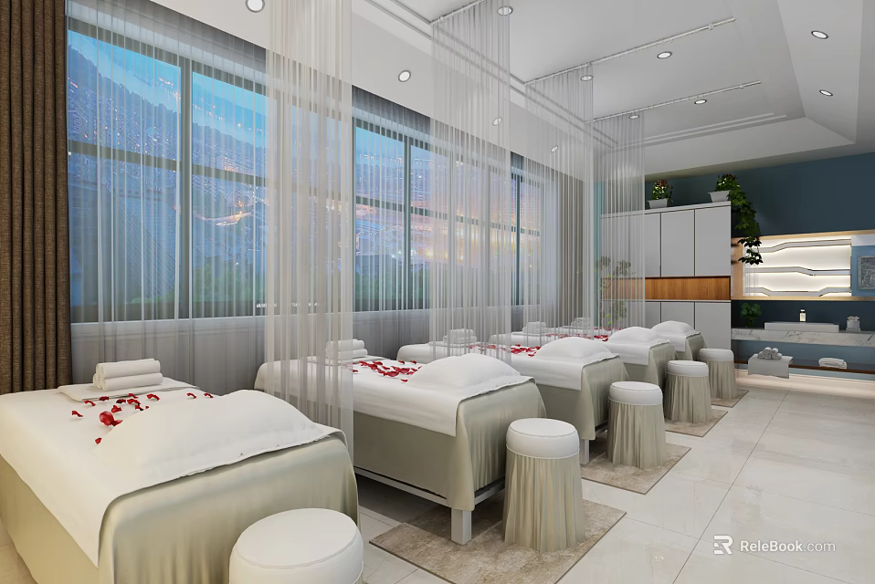 Elegant Modern SPA Sauna With Massage Beds Red Petals White Drapes And Large Windows View 3d model 