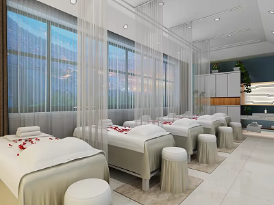 Elegant Modern SPA Sauna With Massage Beds Red Petals White Drapes And Large Windows View 3d model