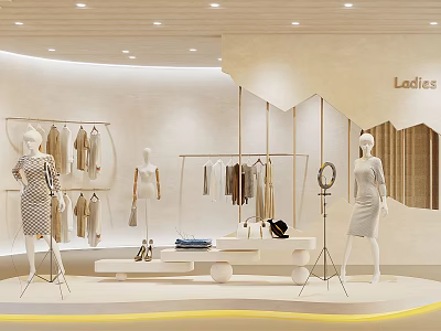 Ladies Clothing Store Interior With Mannequins Hanging Clothes And Accessories 3d model