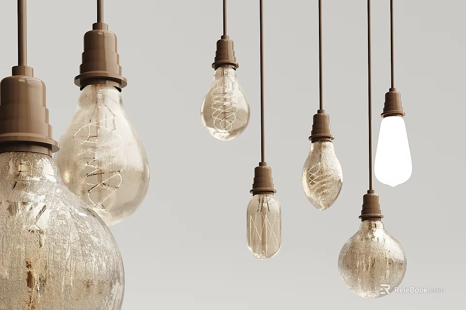 Modern Pendant Lights With Various Glass Bulb Designs Hanging In Interior Space 3d model 