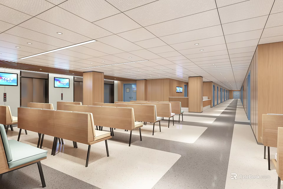 Hospital Outpatient Waiting Area Bright Spacious Corridor With Wooden Benches And TV Screens 3d model 