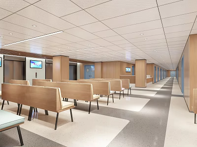 Hospital Outpatient Waiting Area Bright Spacious Corridor With Wooden Benches And TV Screens 3d model
