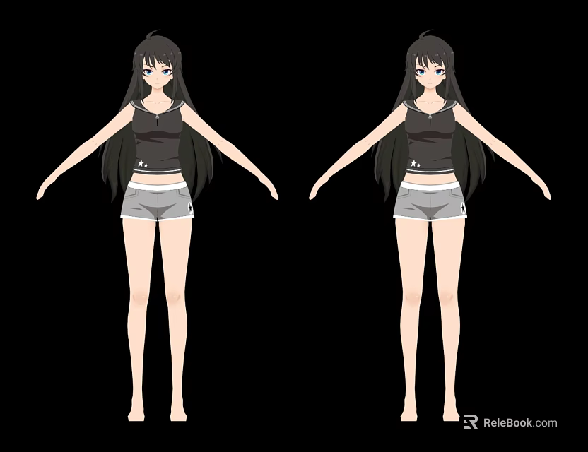 Anime Female Character With Long Black Hair Black Tank Top Gray Shorts Arms Outstretched 3d model 
