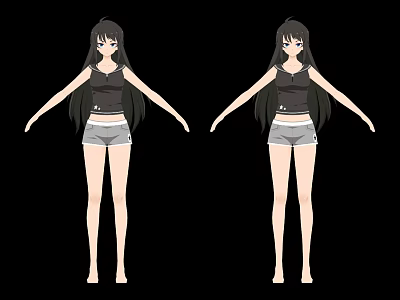 Anime Female Character With Long Black Hair Black Tank Top Gray Shorts Arms Outstretched 3d model