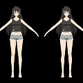 Anime Female Character With Long Black Hair Black Tank Top Gray Shorts Arms Outstretched