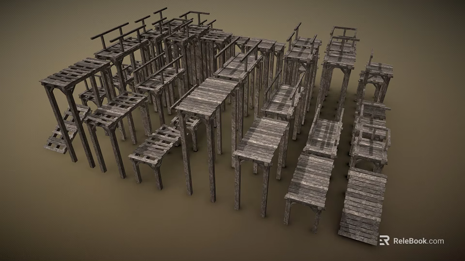 Rustic Wooden Frame Structures With Various Designs And Natural Texture For Construction Scene Components 3d model