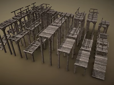 Rustic Wooden Frame Structures With Various Designs And Natural Texture For Construction Scene Components 3d model