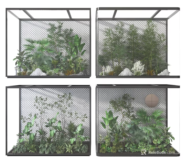 Indoor Plant Display In Mesh Frames With Greenery And Stone Decor 3d model