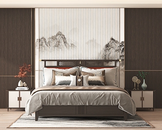 New Chinese Background Double Bed Double Bed 3d model