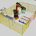 Industrial Robotic Arm With Yellow Safety Fence Handling Packaged Goods On Conveyor Belt