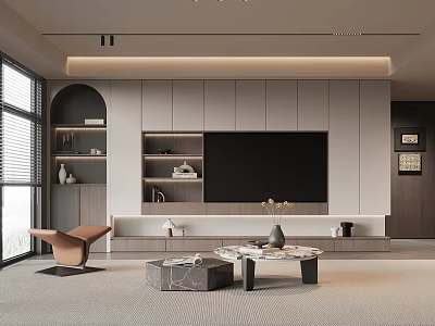 Modern Living Room Interior With TV Wall Brown Accent Chair And Marble Coffee Table 3d model