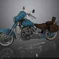 Vintage Blue Motorcycle With Brown Leather Seat Silver Frame Side Saddle Bags Reflective Surface