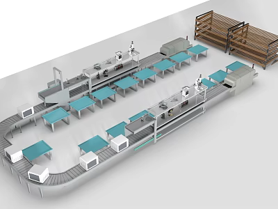 Industrial Equipment Production Line Featuring Conveyor Belt Blue Workstations And Storage Racks 3d model