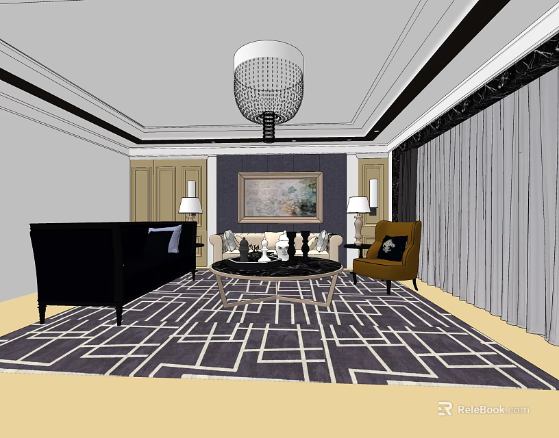 Modern Black Sofa Coffee Table Set With Geometric Rug Accent Chair And Pendant Light 3d model 