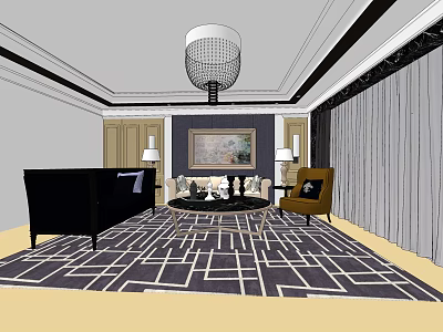 Modern Black Sofa Coffee Table Set With Geometric Rug Accent Chair And Pendant Light 3d model