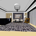Modern Black Sofa Coffee Table Set With Geometric Rug Accent Chair And Pendant Light