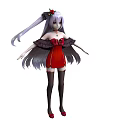 Woman with long hair in red dress and black sleeves red accessories and black stockings