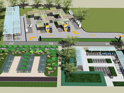 Green Public Space Design with Charging Station Garden and Pedestrian Walkways 3d model