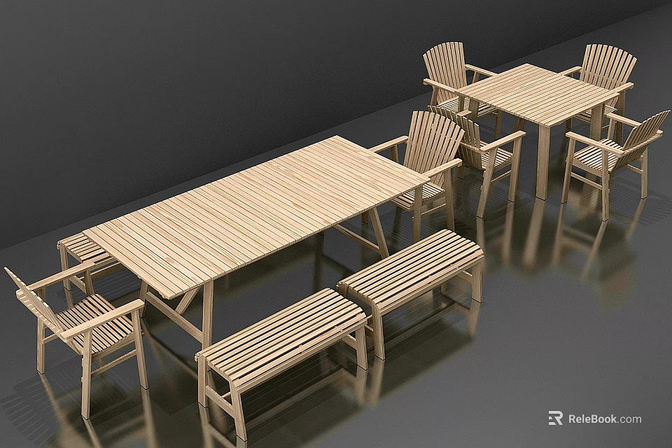 Simple Wooden Dining Table Set With Long Table Chairs And Benches 3d model 