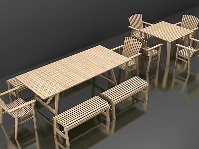 Simple Wooden Dining Table Set With Long Table Chairs And Benches 3d model