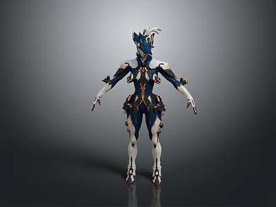 Futuristic Humanoid Character Creature With Blue And White Armor Gold Accents Horned Headpiece Design 3d model