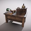 Wooden Workbench With Shelf Skull Bottles Books Drawers And Green Flask