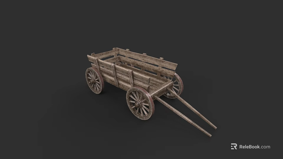 Rustic Wooden Carriage With Four Wheels And Open Cargo Cart Body 3d model 