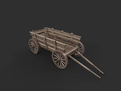Rustic Wooden Carriage With Four Wheels And Open Cargo Cart Body 3d model
