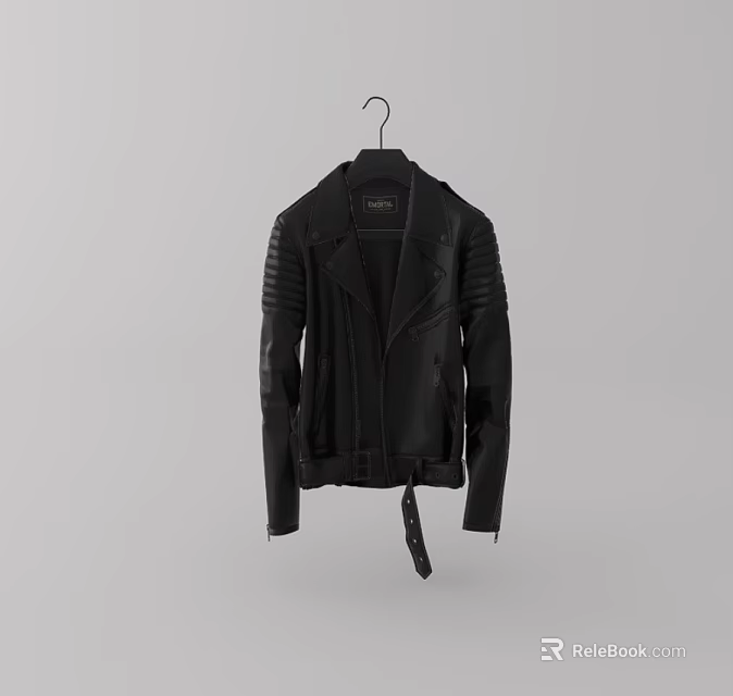 Black Leather Biker Jacket With Stitched Sleeves Belt Detail And Zipper Closures 3d model 