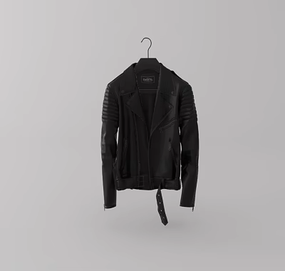 Black Leather Biker Jacket With Stitched Sleeves Belt Detail And Zipper Closures 3d model
