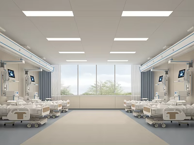 Bright Hospital Outpatient Clinic Ward With Medical Beds Monitors Ceiling Lights And Windows 3d model