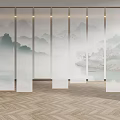 Chinese Style Venetian Blinds with Landscape Pattern and Carved Wooden Screens Herringbone Wooden Floor Lighting