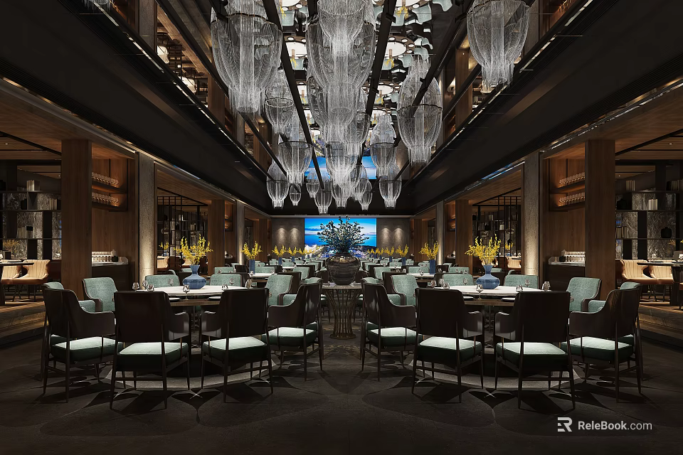 Elegant Restaurant Interior With Crystal Chandeliers Dining Tables And Decorative Painting 3d model 