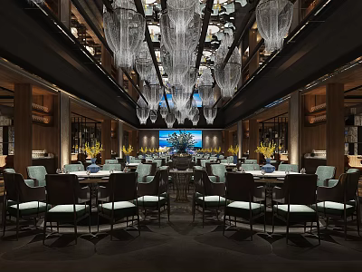 Elegant Restaurant Interior With Crystal Chandeliers Dining Tables And Decorative Painting 3d model