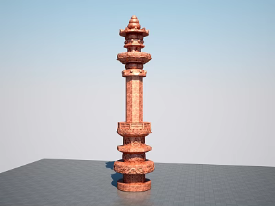Traditional Red Columnar Sculpture With Intricate Carved Patterns And Multi Layered Structure 3d model
