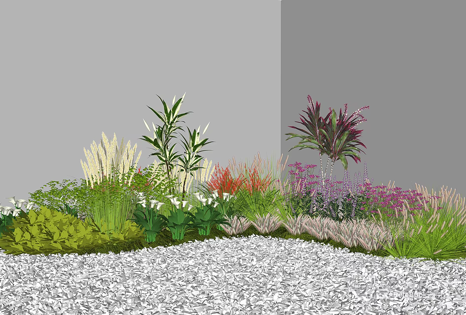 Colorful Garden Flowers And Various Plants With Green Foliage And Stone Ground 3d model 