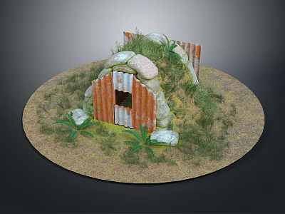 Cartoon Scene Featuring Round Sandy Ground Stone Metal Plate Hut Grass Roof And Green Plants 3d model