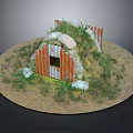 Cartoon Scene Featuring Round Sandy Ground Stone Metal Plate Hut Grass Roof And Green Plants