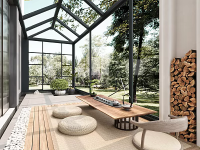 Modern Villa Balcony Sunroom Design With Glass Roof Wooden Flooring And Green Plants 3d model
