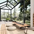 Modern Villa Balcony Sunroom Design With Glass Roof Wooden Flooring And Green Plants