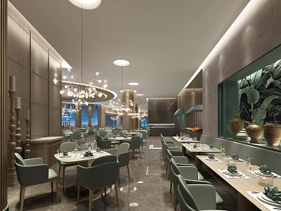 Elegant Modern Restaurant Interior With Green Chairs Dining Tables Chandeliers Wall Art And Wooden Walls 3d model