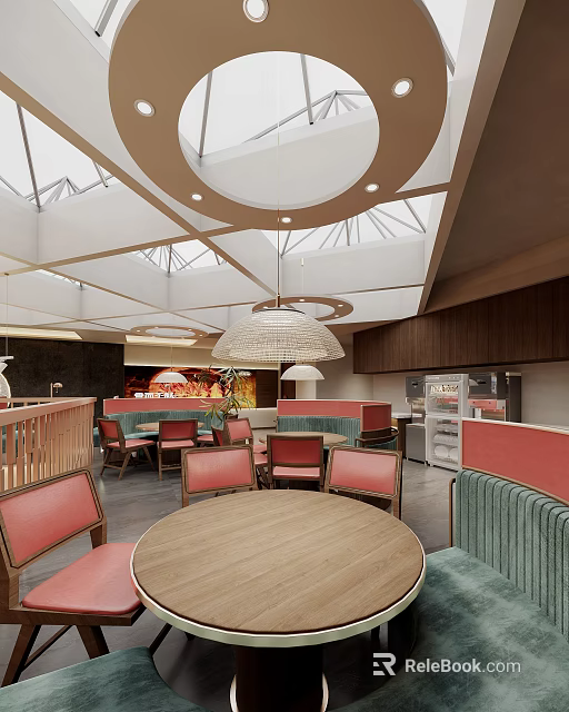Modern Restaurant Interior With Round Wooden Tables Red Chairs Green Booths Skylights And Pendant Lights 3d model 